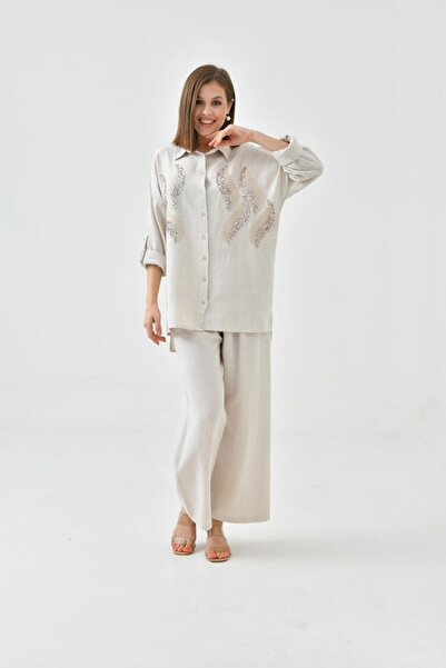 MVStore قميص كتان كبير الحجم - منقوش ومطرز