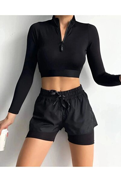 MB-MODA BİZİMLE Kadın Siyah Çift Katmanlı Şort