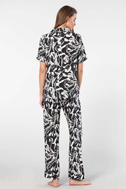 TÜREN Viscose Women's Pajamas Set - Shirt Collar, Button, Short Sleeve and Print