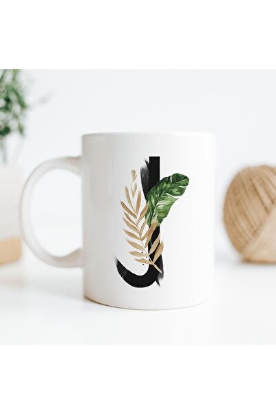 Hediyesepeti كوب بورسلين أبيض مزخرف بحرف J - كوب مطبوع