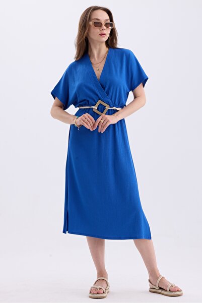 MD trend Straw Belt Side Slit Double Breasted Collar Short Sleeve Summer Dress