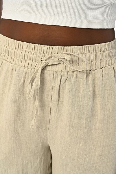 Orfeo Negro Comfortable Fit - Wide Leg and Elastic Waist Stone Embroidered Women's Natural Trousers