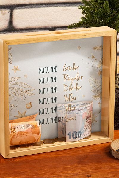 Hediyesepeti Happy New Year Design Wooden Piggy Bank