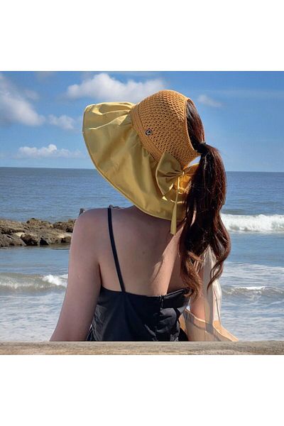Shopiolog Wide Brim Knitted Visor - Foldable Bow Beach Hat