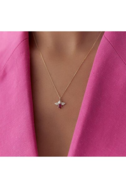 HAMZA YILMAZ MÜCEVHERAT Renkli Taşlı Minimal Altın Arı Kolye