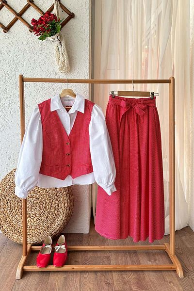 Ceylan Otantik Polka Dot Red Vest and Skirt Set