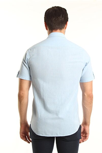 intersivin İntersivin Slim Fit 100% Cotton Light Blue Pocket Men's Short Sleeve Shirt