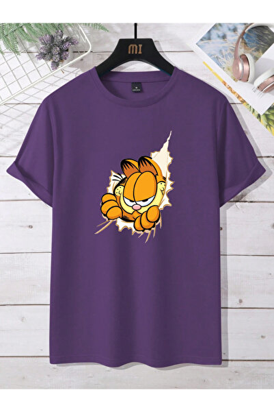 Revasser Kadın Garfield Renkli Özel Baskılı Oversize Pamuklu Bisiklet Yaka T-Shirt Tişört