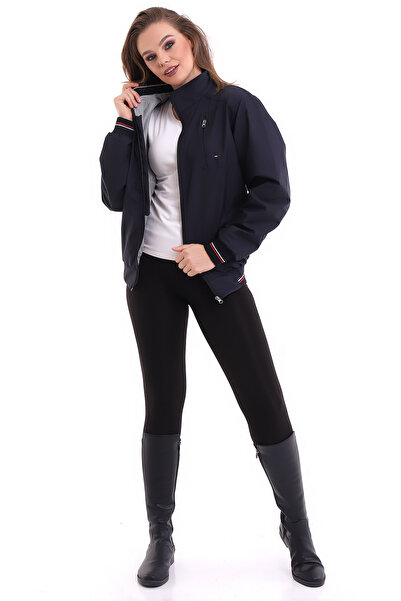 B.HE.Z معطف نسائي موسمي باللون الأزرق الداكن - ياقة واقفة، وسحاب كاجوال ونسيج...