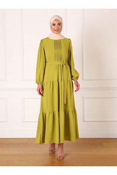 Refka Oil Green Aerobin Hijab Dress - Rib Detailed and Belted - Refka