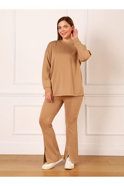 ALİA Plus Size Soft Textured Stopper Detailed Sweatshirt - Camel - Alia