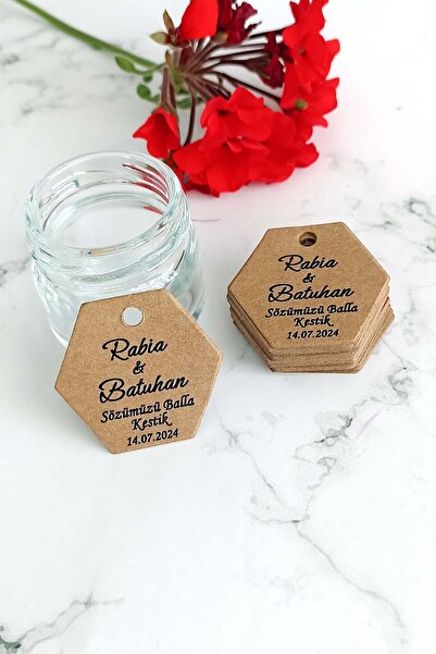 Vice Hediyelik Minik Bal Kavanozu Etiketi / Nikah-Söz Etiketi / 100 Adet Kraft Altıgen Etiket (3,5X4 CM)