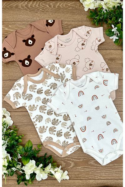 Renkli Puset 4-Piece Cotton Baby Bodysuit and Bodysuit Set - Koala Bear Elephant Rainbows