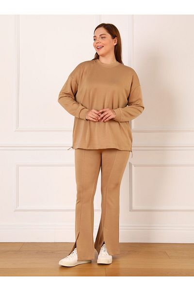 ALİA Plus Size Soft Textured Stopper Detailed Sweatshirt - Camel - Alia