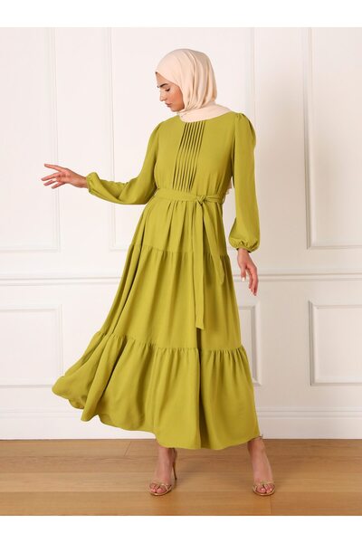 Refka Oil Green Aerobin Hijab Dress - Rib Detailed and Belted - Refka