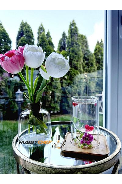 HUBBYCHEF Double Glass Presentation Cup Candle Holder - Set of 2 with Bamboo Presentation Plate and Lid
