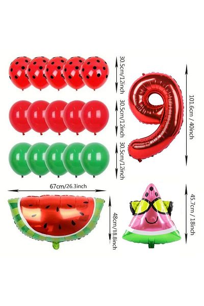 Konsept Sepeti Γενέθλια 9 ετών Watermelon Concept - Σετ πάρτι με μπαλόνι με κόκκινο και πράσινο φύλλο
