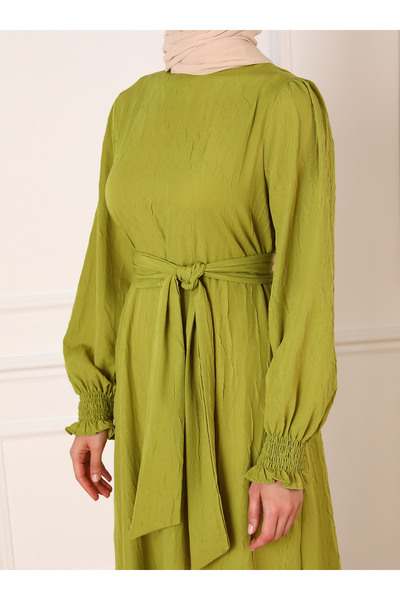 Refka Oil Green Balloon Sleeve Belted Hijab Dress - Refka