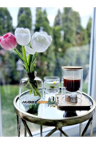 HUBBYCHEF Çift Camlı Sunum Servis Bardağı Mumluk -Bambu Sunum Tabaklı ve Kapaklı 2li Set