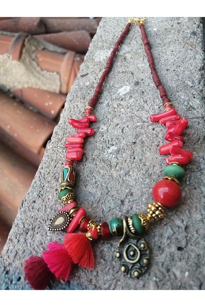 azra takı tasarım Handmade coral, tasseled, red, short women's necklace