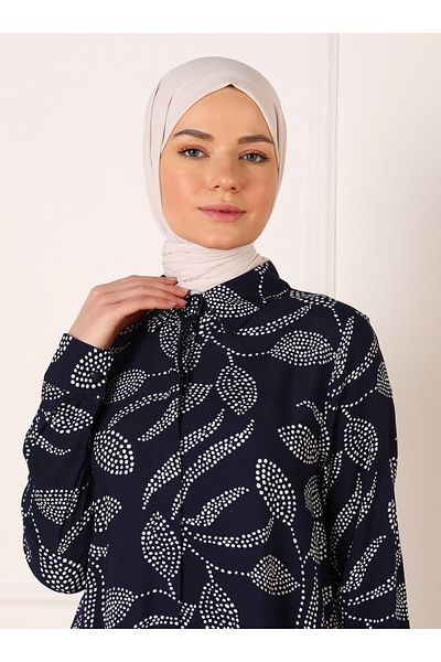 Refka Navy Blue Leaf Patterned Viscose Tunic - Refka