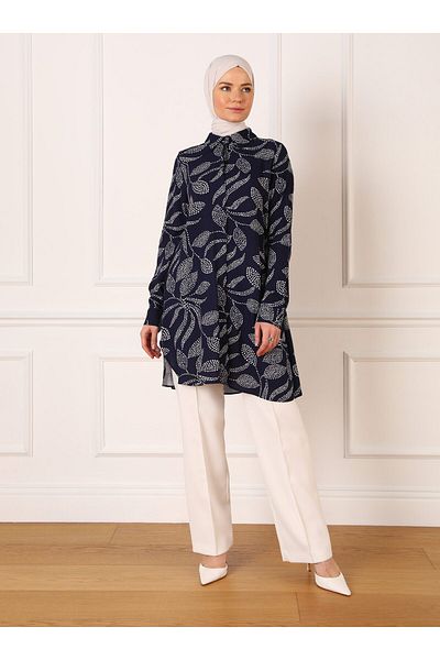 Refka Navy Blue Leaf Patterned Viscose Tunic - Refka