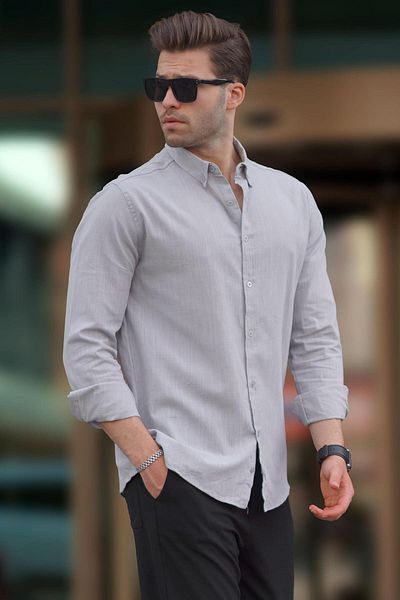 SERAZAT Cămașă pentru bărbați Slim Fit din in-bumbac 100% textura moale