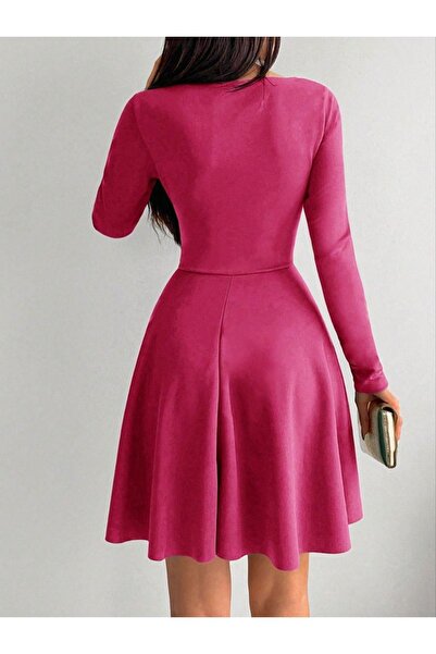 sharin Kadın Pembe Kruvaze Yaka Krep Kumaş Uzun Kol Kloş Elbise 4F-2199