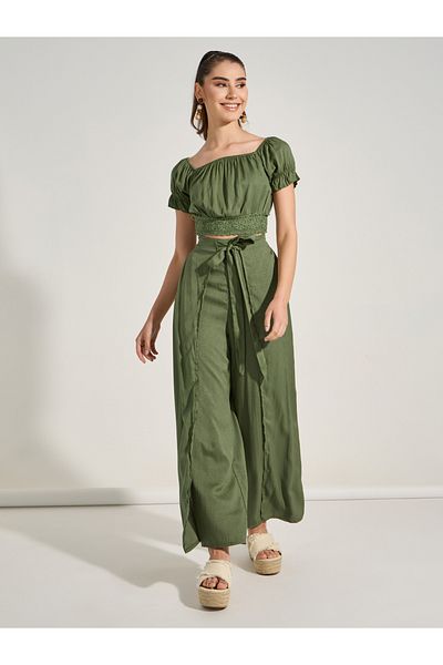 Take Two By Styli Square Neck Crop Top & Wrap Over Pants Co-Ords