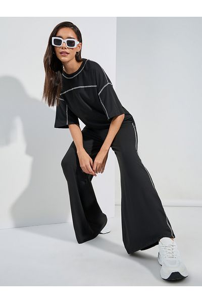 Styli Contrast Overlock Oversized T-Shirt & Wide Leg Joggers Co-Ords