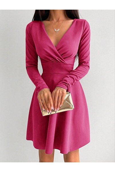 sharin Kadın Pembe Kruvaze Yaka Krep Kumaş Uzun Kol Kloş Elbise 4F-2199