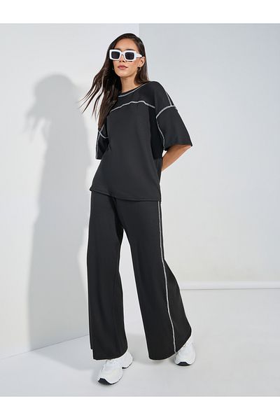Styli Contrast Overlock Oversized T-Shirt & Wide Leg Joggers Co-Ords