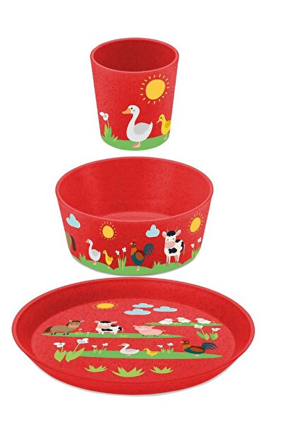 Koziol Kırmızı Çiftlik Desenli 3'lü Mama Seti