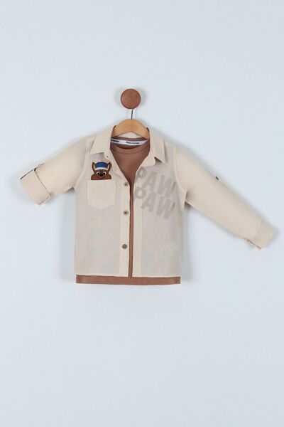 Pollito Boy's Ecru Shirt T-Shirt - Seasonal, Cotton, Paw Dog Embroidered 2-Piece Set