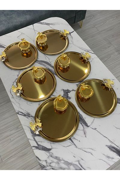 Aslı Hediyelik Gold Butterfly Steel Round Presentation Tray and Butterfly Macaron Holder - 2 Different Models