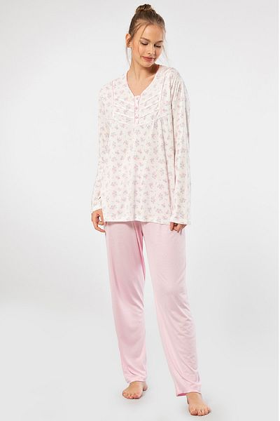 TÜREN Plus Size Floral Patterned Button Collar Long Sleeve Women's Pajamas Set