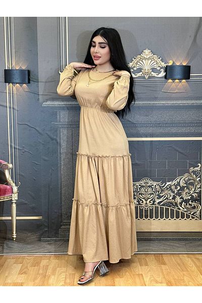 Yeşilmoda High Quality Hijab Cotton Dress - Cream, Light Color, Flared