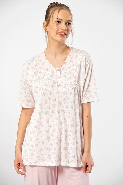 TÜREN Battal Size Floral Patterned Viscose Women's Pajama Set - Short Sleeve