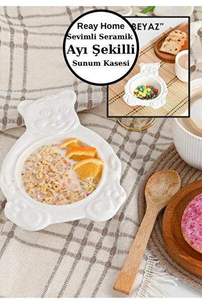 REAY HOME Beyaz Ayı Şeklinde Handmade Seramik Servis Sunum Kasesi ve Tabağı S...
