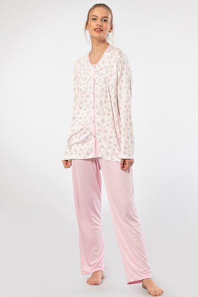 TÜREN Battal Size Floral Patterned Buttoned Long Sleeve Women's Pajamas Set