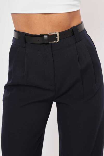 Reyon siyah renk yüksek bel kemerli pantolon