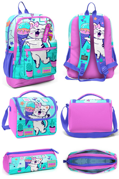 Coral High Turkuaz Pembe Dondurmalı Kedi Desenli Dört Bölmeli Okul Sırt Çanta...