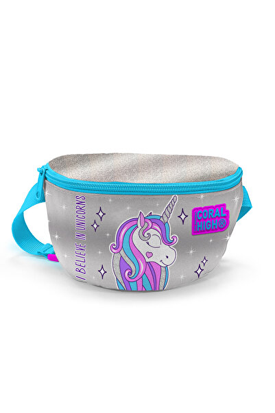 Coral High Pink Silver Unicorn Patterned Children's Waist Bag - 22490
