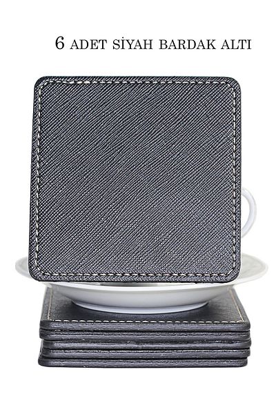 Arkem 6 Pieces Black Leather Patterned Coasters - Cup, Cup, Mug - Square