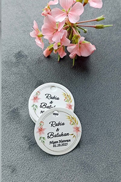 Vice Pembe Çiçek Baskılı  Etiket / Nikah Şekeri Etiketi / Doğum Günü Etiket 100 Adet (3,8 CM)