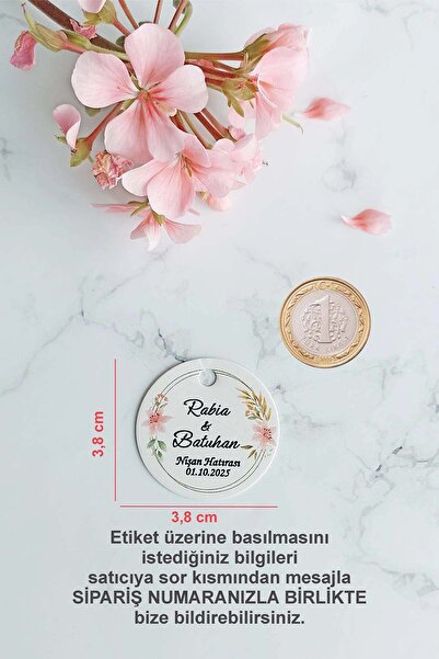Vice Pembe Çiçek Baskılı  Etiket / Nikah Şekeri Etiketi / Doğum Günü Etiket 100 Adet (3,8 CM)