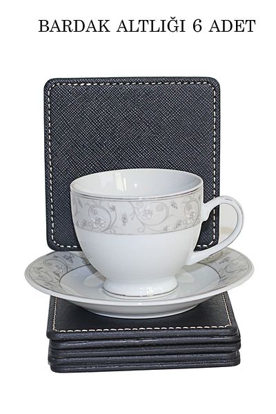 Arkem 6 Pieces Black Leather Patterned Coasters - Cup, Cup, Mug - Square