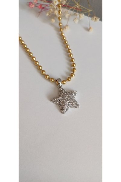 Feride Steel Necklace Women's Star Stone Vip Necklace 316L Unbreakable Color Throwable 45 cm Anti Allergic