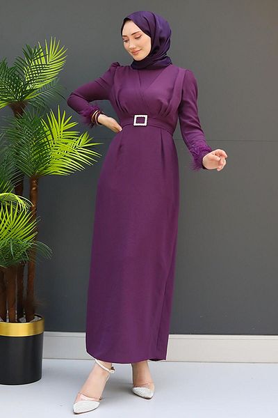GİZ AGİYİM Μωβ Φόρεμα Hijab - Λεπτομέρεια με πούπουλα
