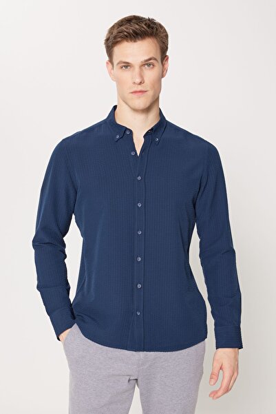 ALTINYILDIZ CLASSICS Men's Navy Blue Slim Fit Narrow Cut Button Collar 100% C...